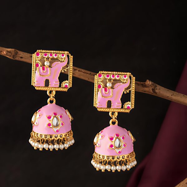 Elephant Meenakari Pink Traditional Earrings - Image 2