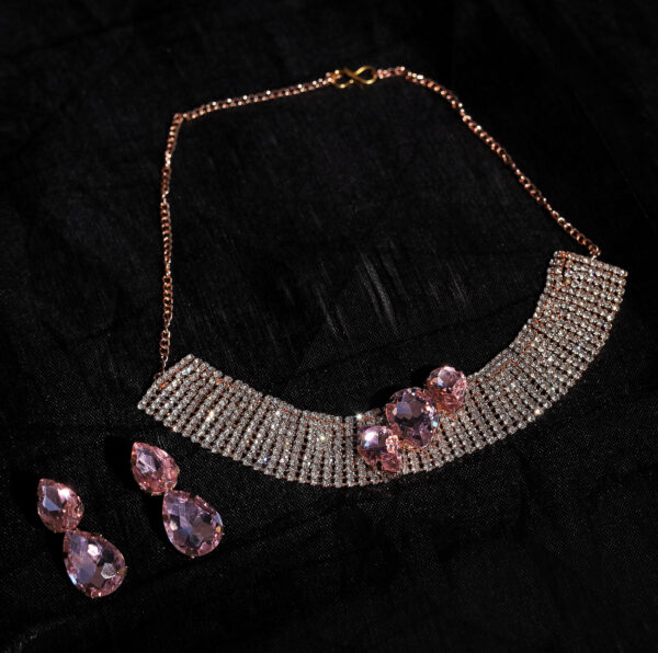 T10508-Party Wear AD Choker Rose Gold Necklace set, Pink - Image 2