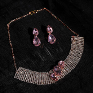 T10508-Party Wear AD Choker Rose Gold Necklace set, Pink