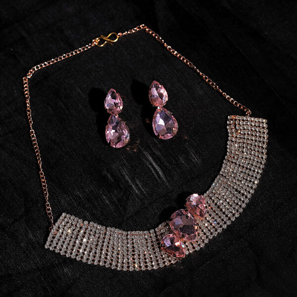 T10508-Party Wear AD Choker Rose Gold Necklace set, Pink