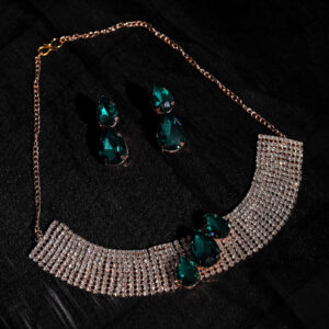 T10507-Party Wear AD Choker Rose Gold Necklace set, Green