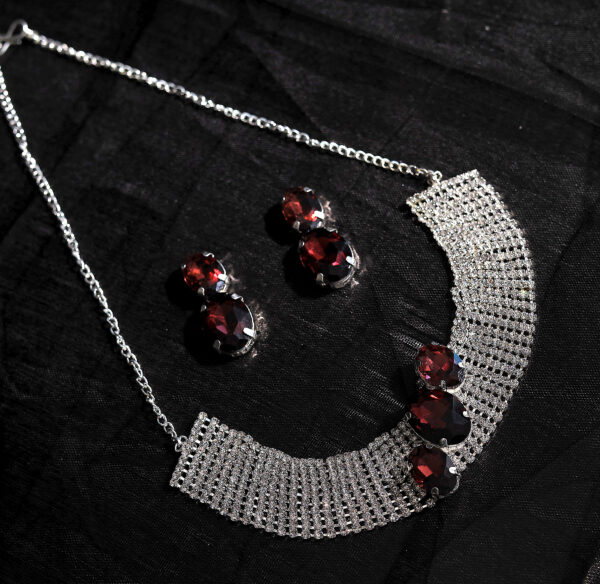 T10506-Party Wear AD Choker Silver Necklace set, Maroon