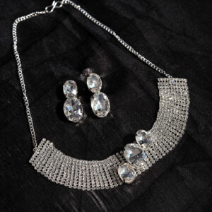 T10503-Party Wear AD Choker Silver Necklace set, White