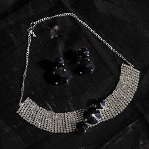T10502-Party Wear AD Choker Silver Necklace set, Black