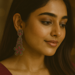 T11017-Flower Oxidised Earring, Dark Pink