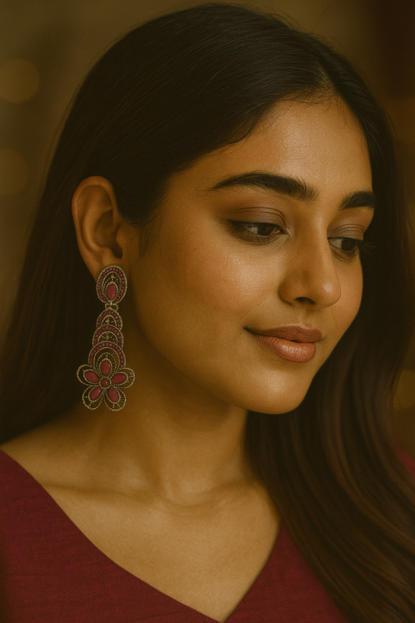 T11017-Flower Oxidised Earring, Dark Pink