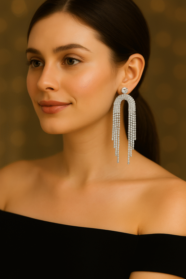 T11035-Silver Long Party Wear Earrings