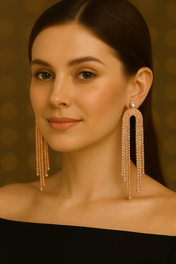 T11034-Rose Gold Long Party Wear Earrings