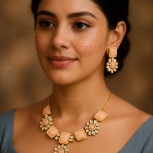 T10512-Golden Necklace set, Peach