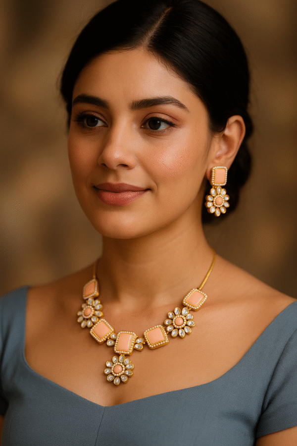 T10512-Golden Necklace set, Peach